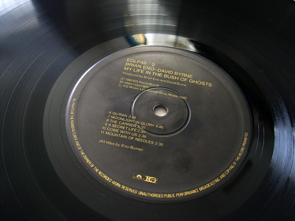 Brian Eno - David Byrne, 'My Life In The Bush of Ghosts' UK LP - label design side 2