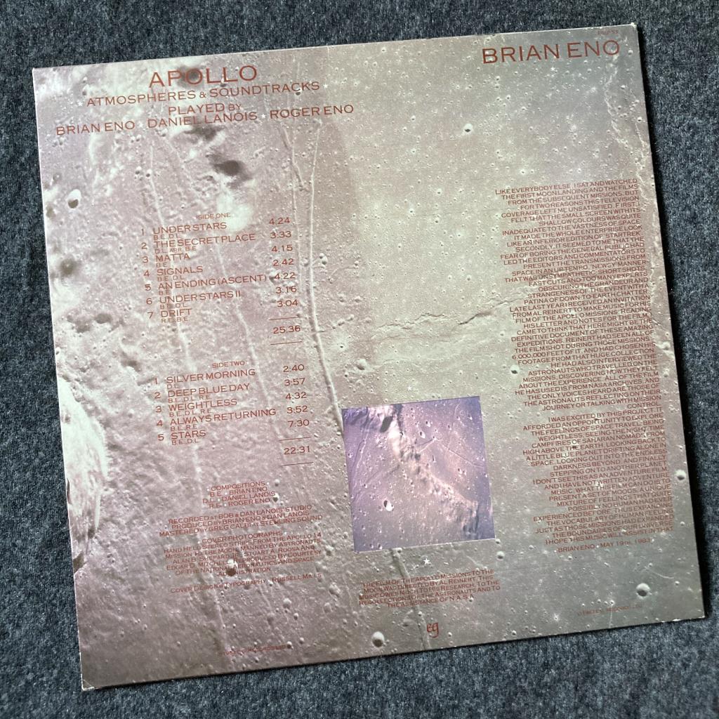 Brian Eno - 'Apollo Atmosphere and Soundtracks' 1983 UK LP rear cover