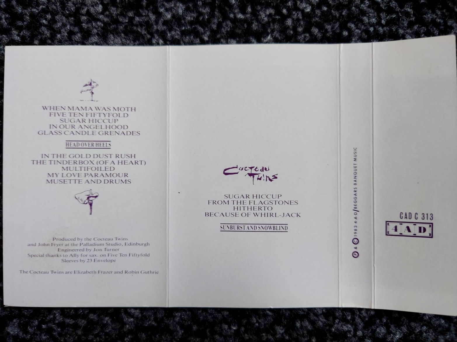 Cocteau Twins 'Head Over Heels' / 'Sunburst and Snowblind' 1983 UK cassette insert reverse