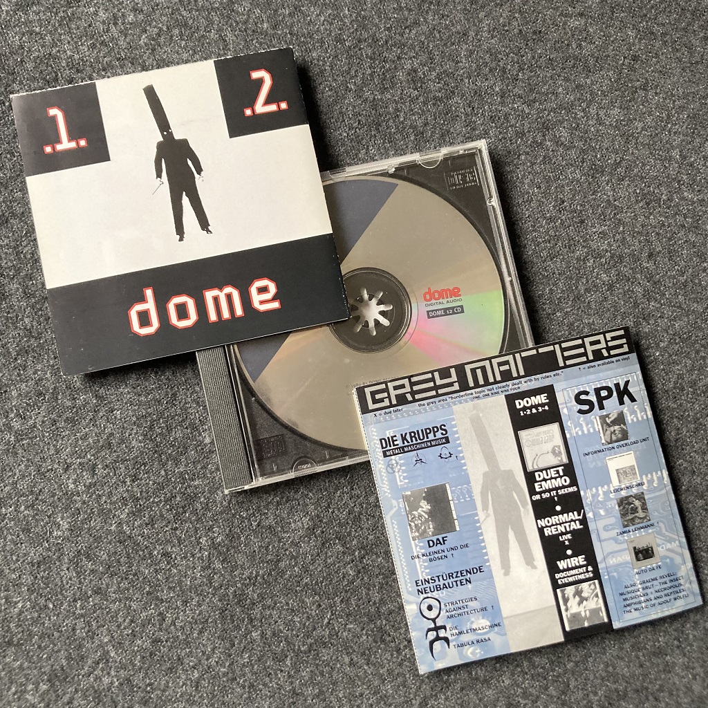 Dome 'Dome 1 + 2' 1992 UK CD insert front, disc label and Grey Matters insert front