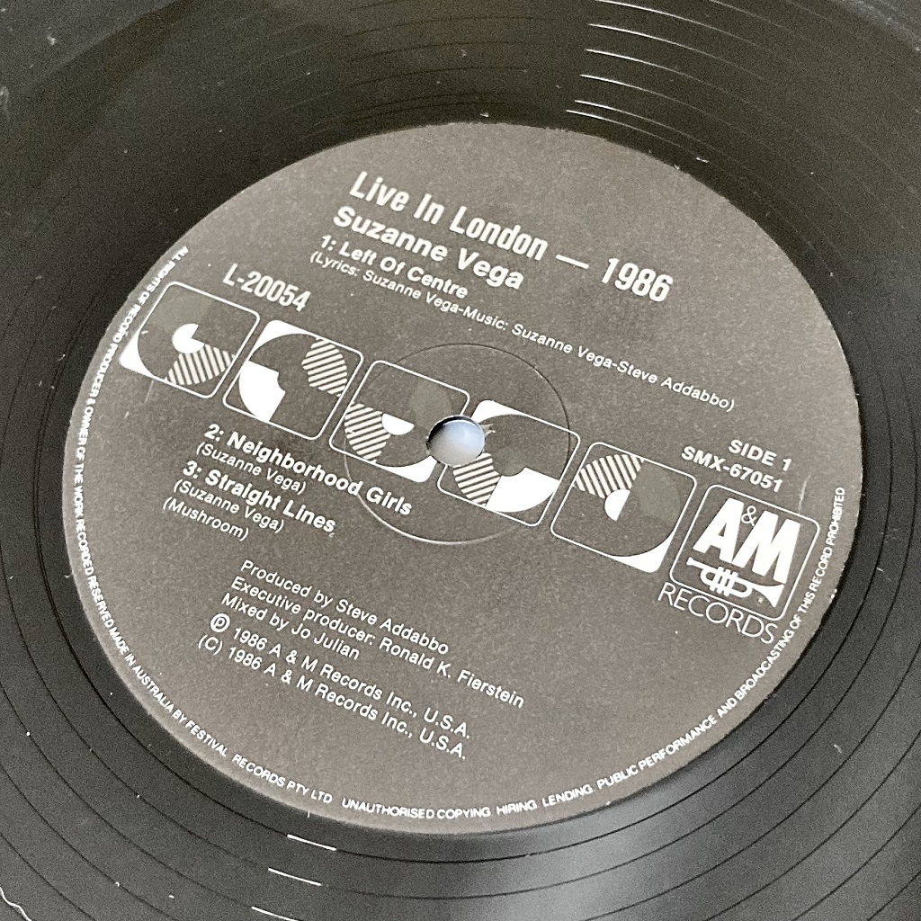 Suzanne Vega - 'Live In London 1986' Australian mini-album label design side 1