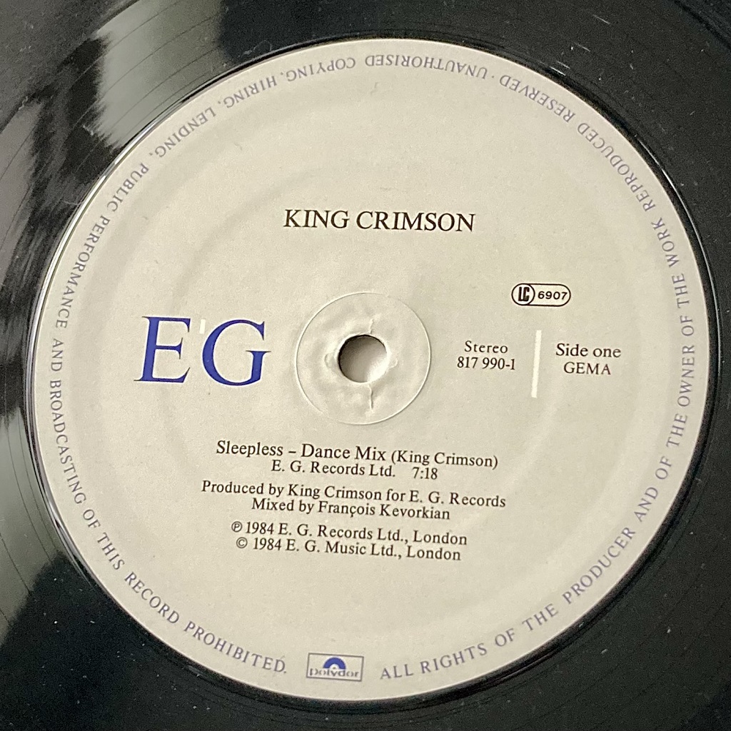 King Crimson 'Sleepless' 1984 West German 12" label design side one