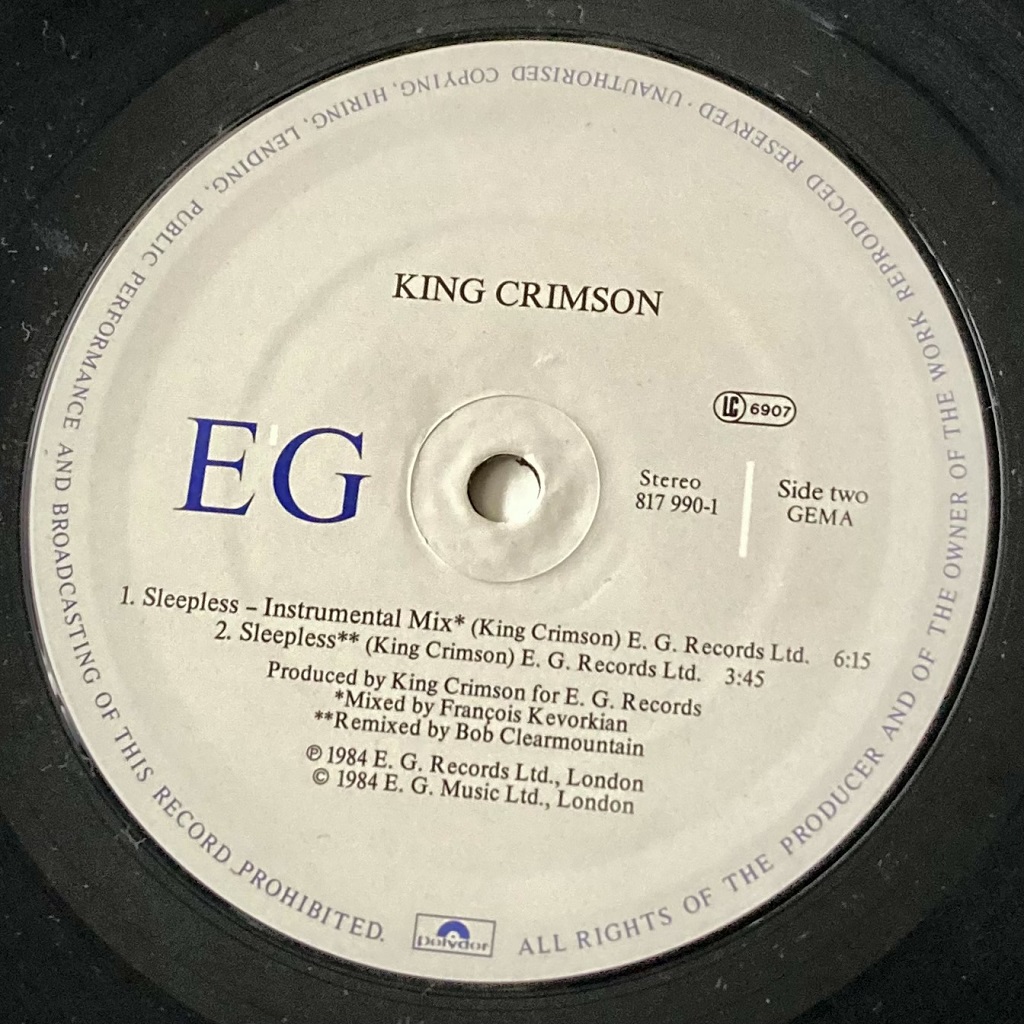 King Crimson 'Sleepless' 1984 West German 12" label design side two