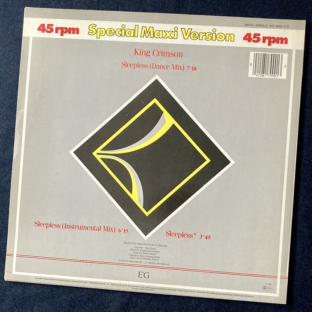 King Crimson 'Sleepless' 1984 West German 12" rear cover design